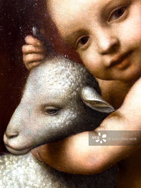 伯纳迪诺·卢伊尼 木板油画 男孩与羔羊 米兰盎博罗削图书馆和美术馆图片素材