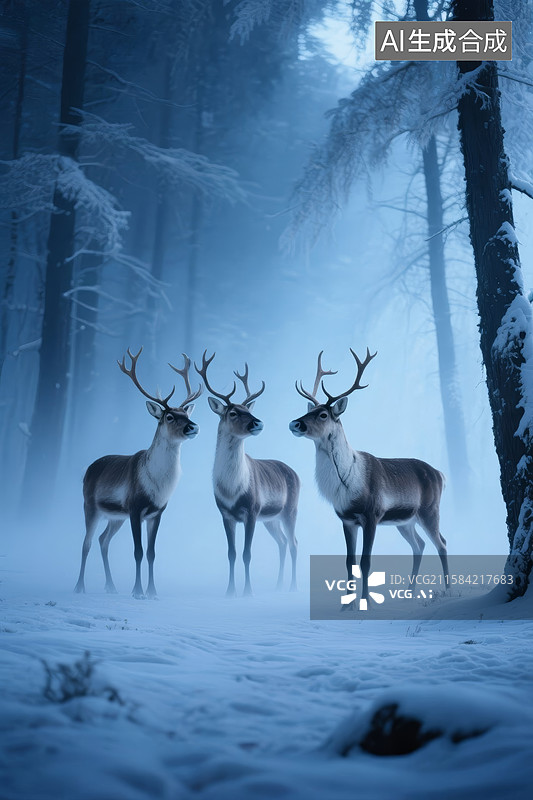 【AI数字艺术】冬日森林鹿群图片素材
