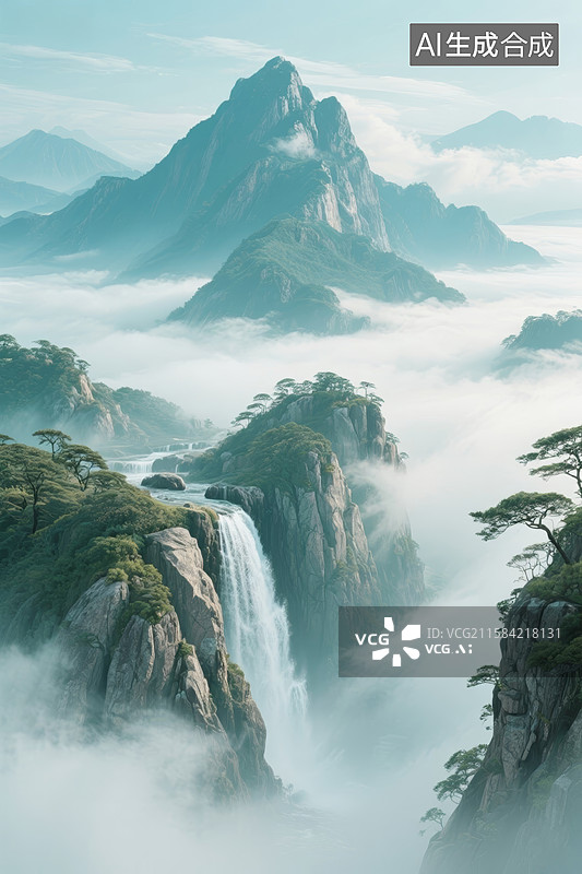 【AI数字艺术】山间云海瀑布图片素材