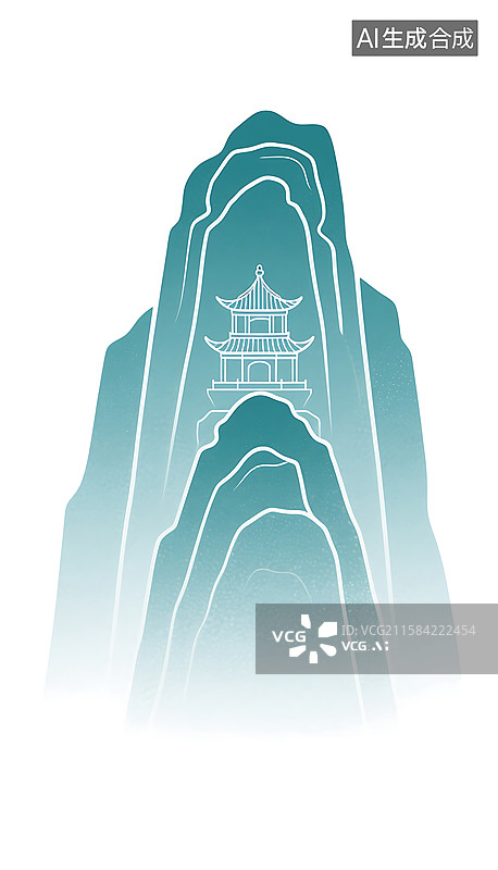 【AI数字艺术】石山和古建筑国潮风格插画图片素材