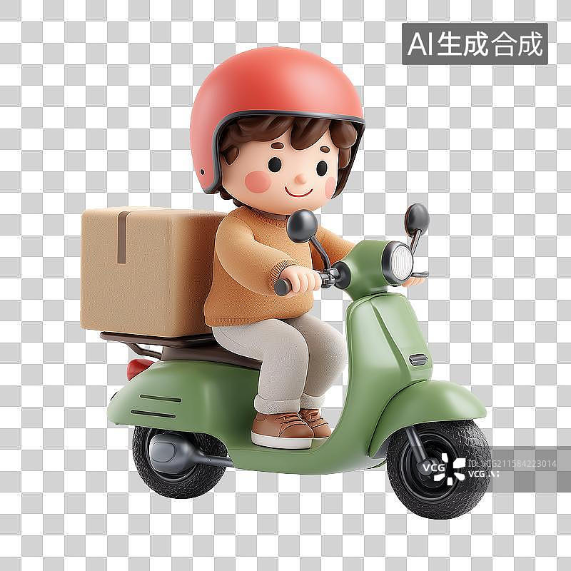 【AI数字艺术】可爱的戴着头盔骑着电动车的送货员图片素材