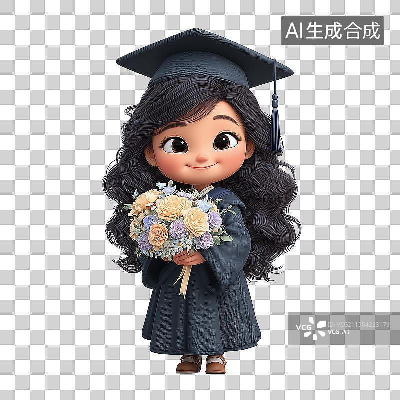 【AI数字艺术】可爱的女孩拿着鲜花拍毕业照图片素材