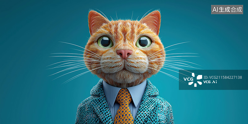 【AI数字艺术】搞笑拟人黑背景西装领带的猫咪3D立体卡通插画图片素材