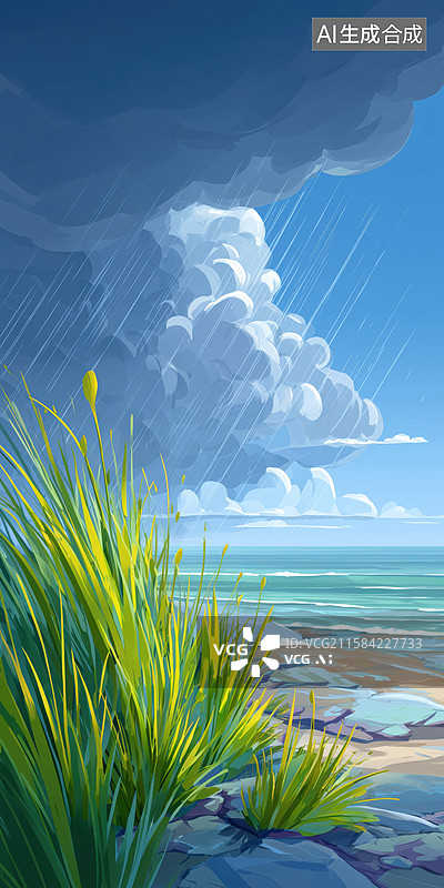 【AI数字艺术】暴狂风雨中海边的台风手绘水彩背景国漫插画图片素材