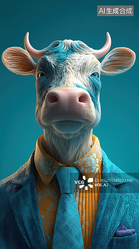 【AI数字艺术】搞笑拟人黑背景西装领带的牛3D立体卡通插画图片素材