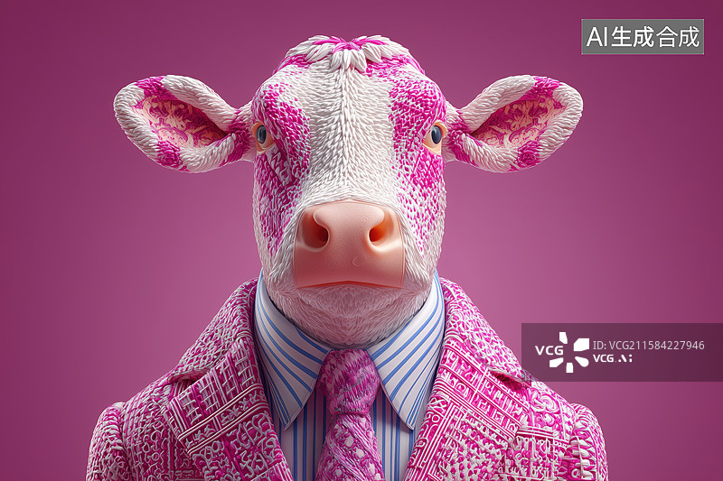 【AI数字艺术】搞笑拟人黑背景西装领带的牛3D立体卡通插画图片素材