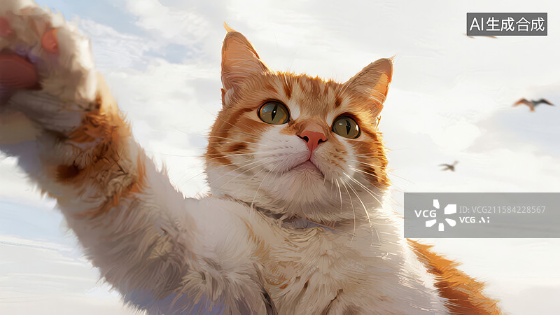【AI数字艺术】橙白猫咪伸爪，背景飞翔鸟群图片素材