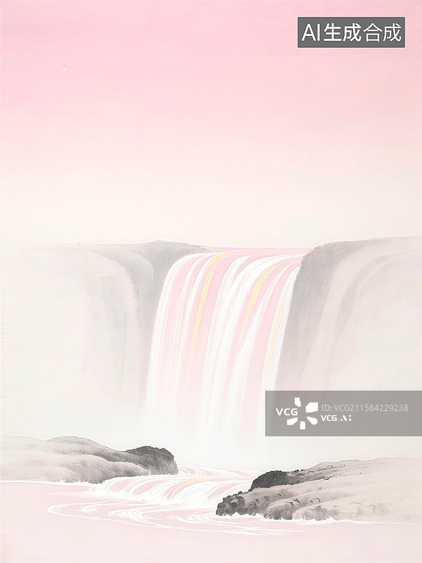 【AI数字艺术】粉色背景中，瀑布从灰色山崖倾泻而下，水流呈现柔和色彩，周围有岩石和水流图片素材