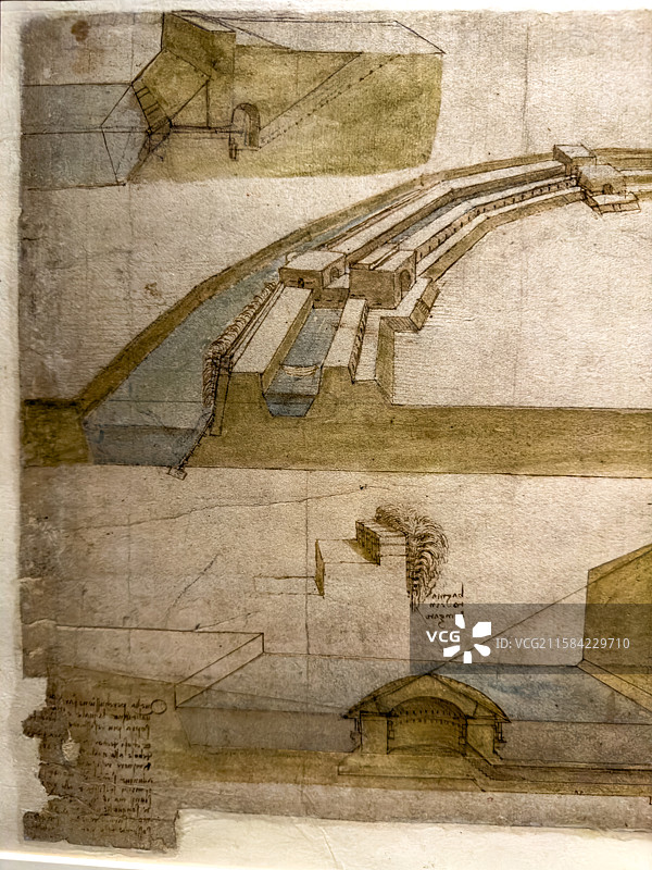 《大西洋古抄本》  达芬奇 防御工事 手稿 草图 米兰盎博罗削图书馆和美术馆图片素材