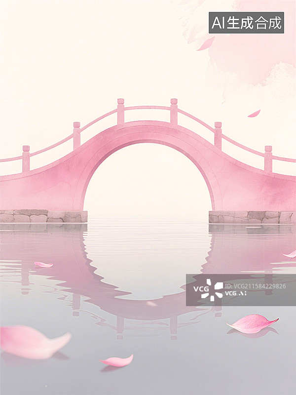 【AI数字艺术】粉色拱桥横跨水面，花瓣飘落，倒影映水，宁静梦幻，展现浪漫七夕节氛围图片素材