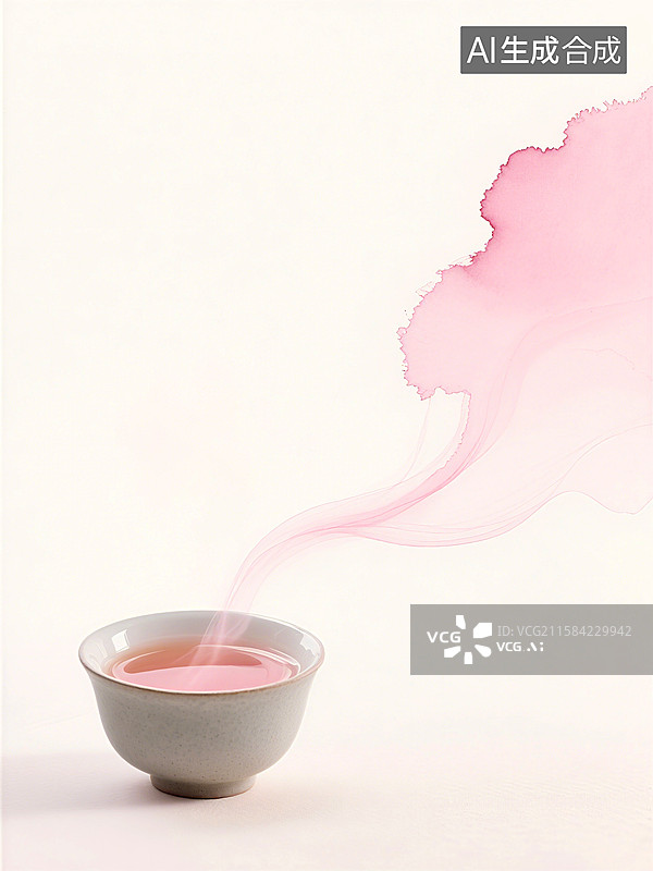 【AI数字艺术】一碗茶杯中冒出粉色烟雾，烟雾在空中形成不规则形状图片素材