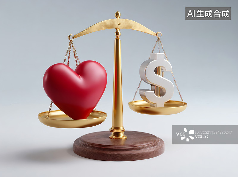 【AI数字艺术】天平上放着红色爱心和金钱符号图片素材