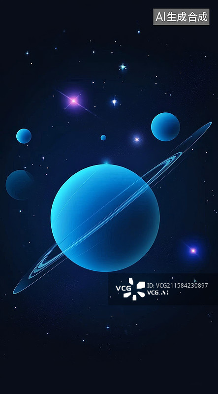 【AI数字艺术】蓝色行星与环带的宇宙景象图片素材