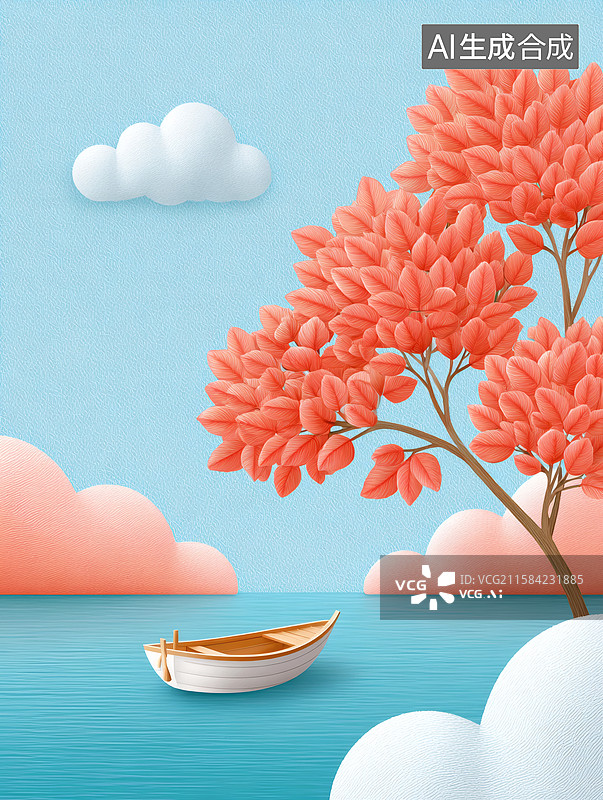 【AI数字艺术】水面上一艘小船插画图片素材