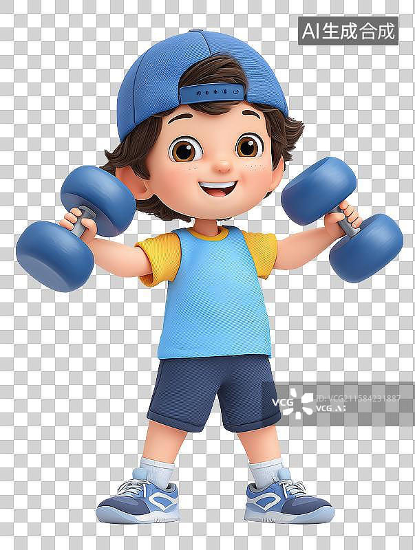 【AI数字艺术】可爱的男孩在用哑铃锻炼图片素材