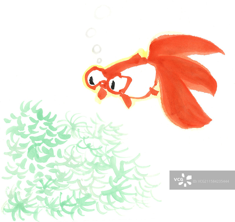儿童水墨画游泳的金鱼卡通水彩插画图片素材