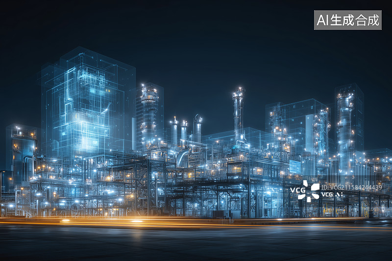 【AI数字艺术】夜间数字化全息覆盖的现代工业炼油厂图片素材