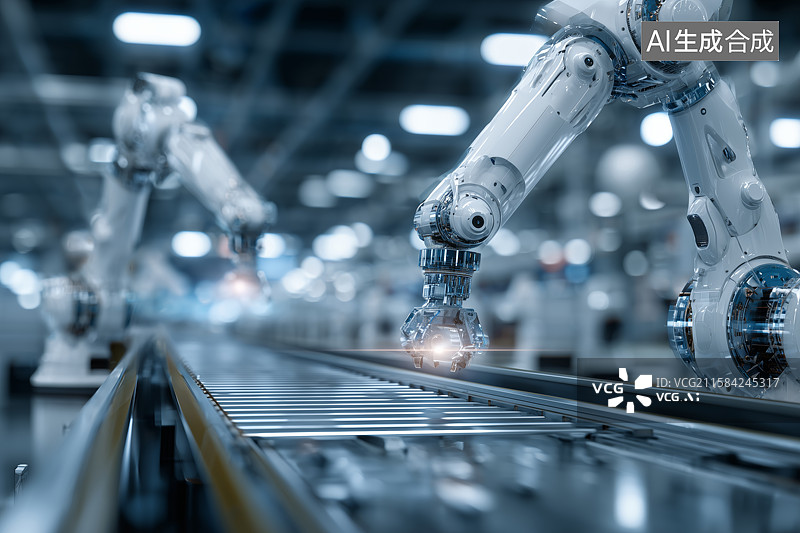 【AI数字艺术】工业机械臂在自动化生产线上作业图片素材