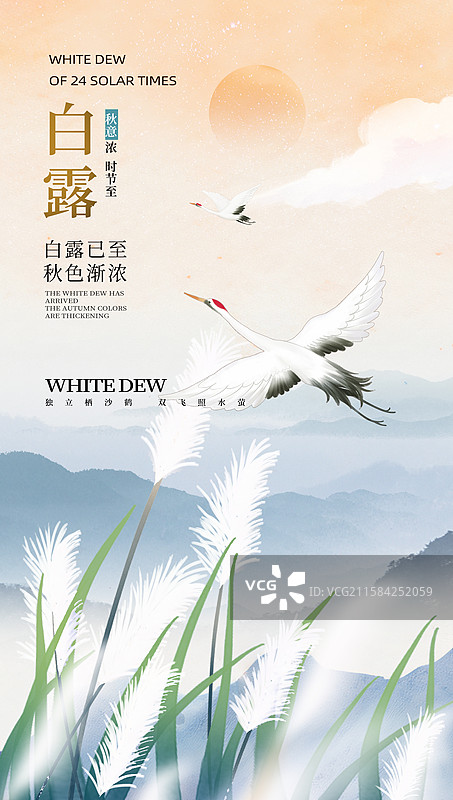 中国风二十四节气系列插画海报模版-秋天 秋日户外风景  风吹白色芦苇荡山水画 国风山水意境 竖版图片素材