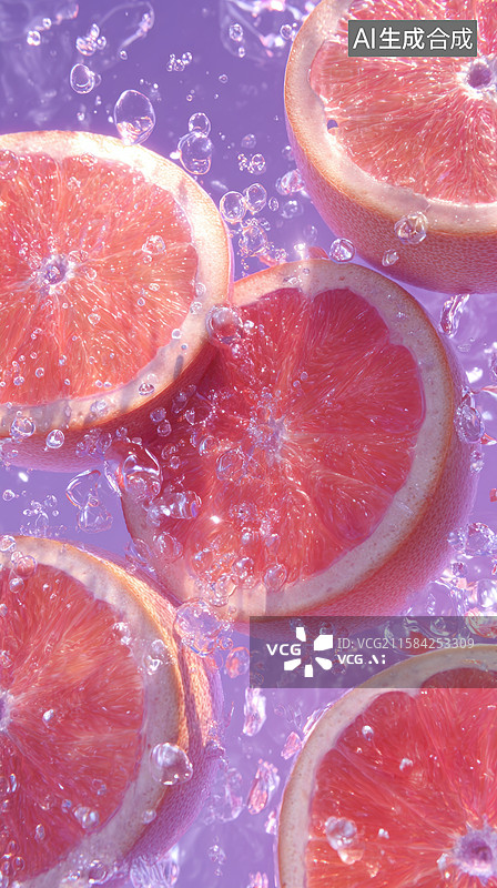 【AI数字艺术】切开的葡萄柚在紫色背景中图片素材