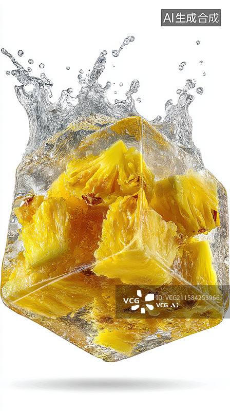 【AI数字艺术】冰块中的菠萝块与水花四溅图片素材