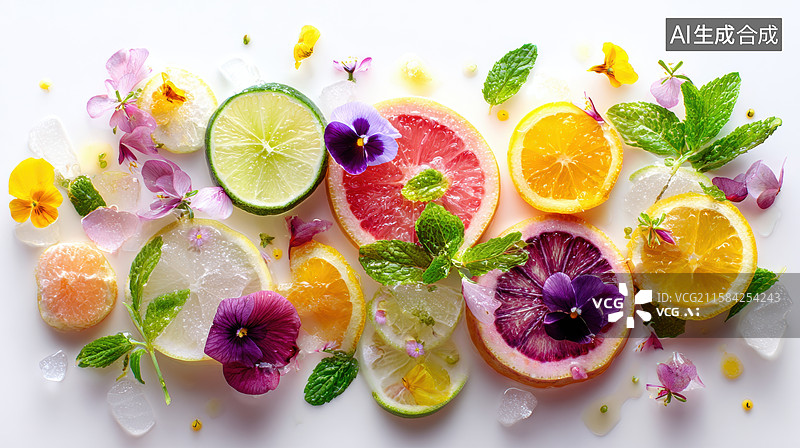 【AI数字艺术】水果切片与鲜花的创意组合图片素材