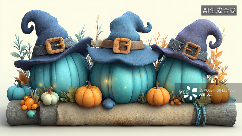 【AI数字艺术】戴着巫师帽的蓝色南瓜装饰图片素材