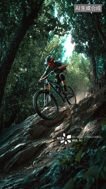 【AI数字艺术】山地自行车手在林间小径上疾驰图片素材