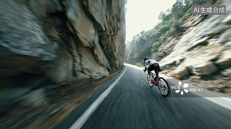 【AI数字艺术】山间公路疾驰的骑行者图片素材