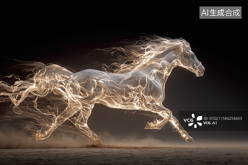 【AI数字艺术】奇幻火焰骏马艺术图：白色奔马周身缠绕燃烧火焰，呈现创意光效与力量速度的神兽画面图片素材