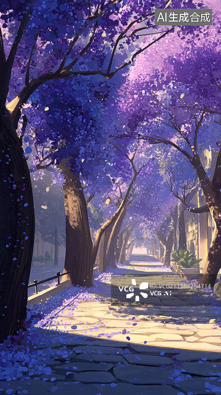 【AI数字艺术】紫色花树下的石板小径图片素材