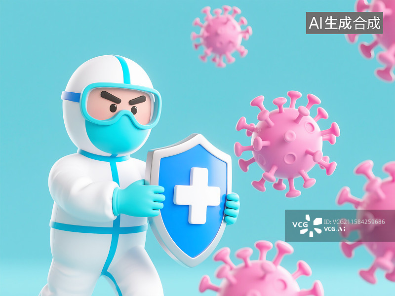 【AI数字艺术】3D医护人员盾牌抗击病毒插画图片素材