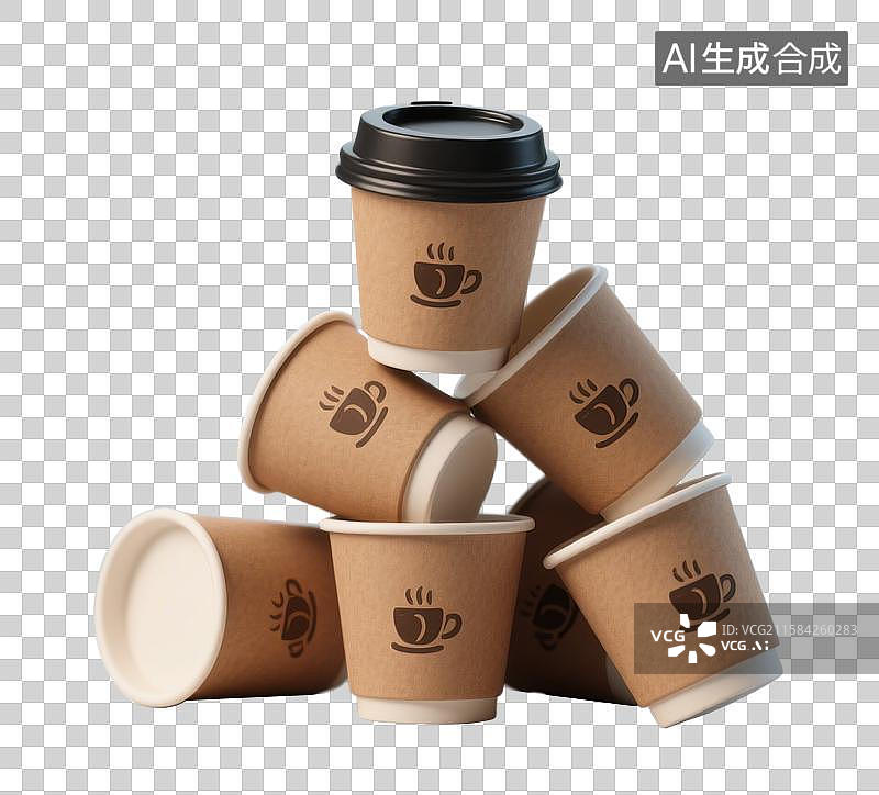 【AI数字艺术】3D三维外卖一次性咖啡杯堆叠在一起元素图片素材