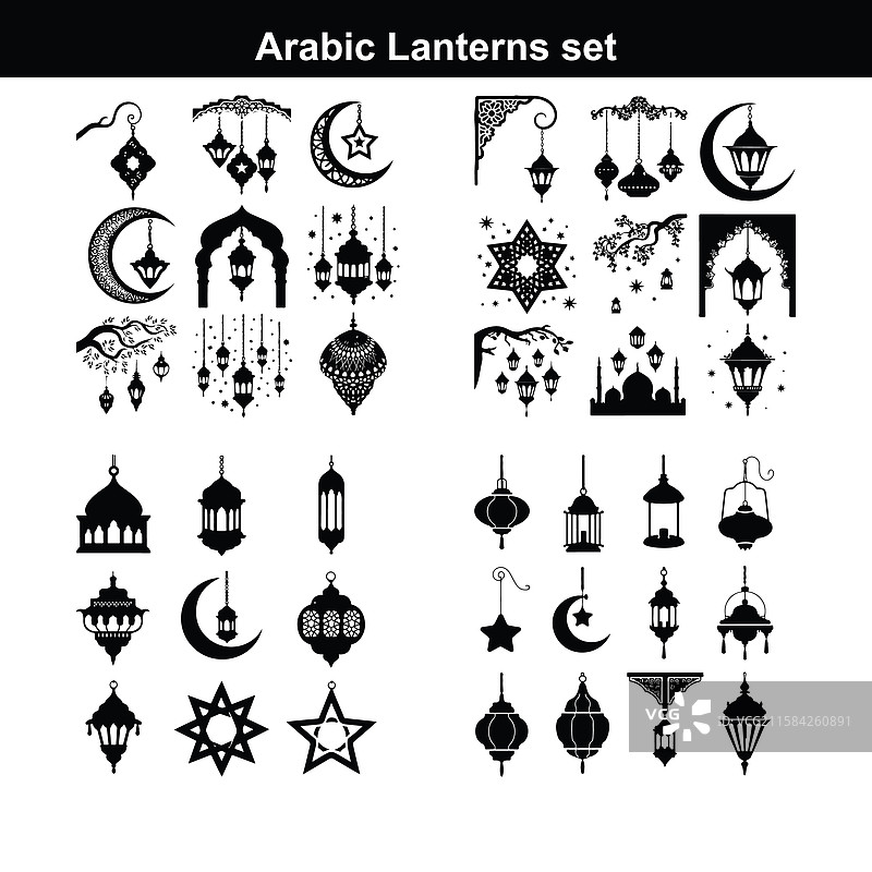 阿拉伯灯笼和灯具的黑色剪影图片素材