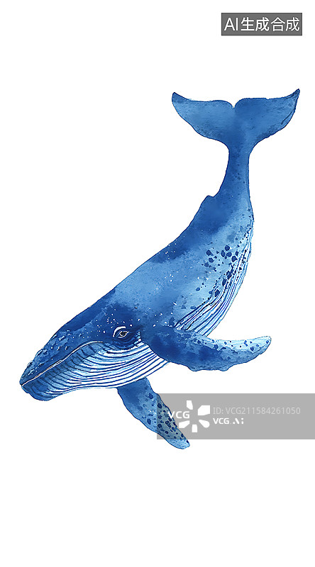 【AI数字艺术】简单复古极简的水彩画，画面中是一头南露脊鲸，以蓝色绘制在白色背景上，风格类似儿童故事书中的卡通插图。图片素材