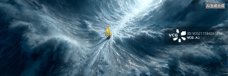 【AI数字艺术】画面中央的黄色帆船被巨浪裹挟，从上往下视角呈现，搭配富有戏剧性的电影灯光和壮丽的电影感蓝白云层，构成图片素材