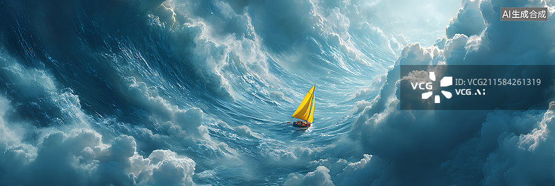 【AI数字艺术】画面中央的黄色帆船被巨浪裹挟，从上往下视角呈现，搭配富有戏剧性的电影灯光和壮丽的电影感蓝白云层，构成图片素材