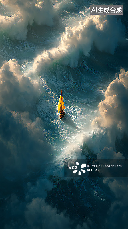 【AI数字艺术】画面中央的黄色帆船被巨浪裹挟，从上往下视角呈现，搭配富有戏剧性的电影灯光和壮丽的电影感蓝白云层，构成图片素材