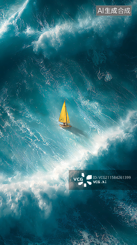 【AI数字艺术】画面中央的黄色帆船被巨浪裹挟，从上往下视角呈现，搭配富有戏剧性的电影灯光和壮丽的电影感蓝白云层，构成图片素材