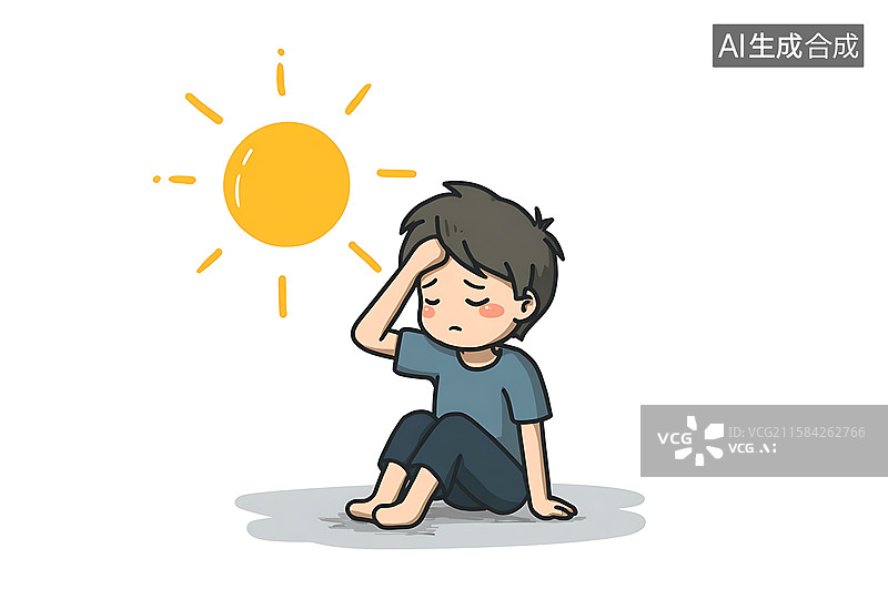【AI数字艺术】夏季高温中暑插画：卡通儿童户外受热，头晕脸红出汗展现炎热天气防暑主题图片素材