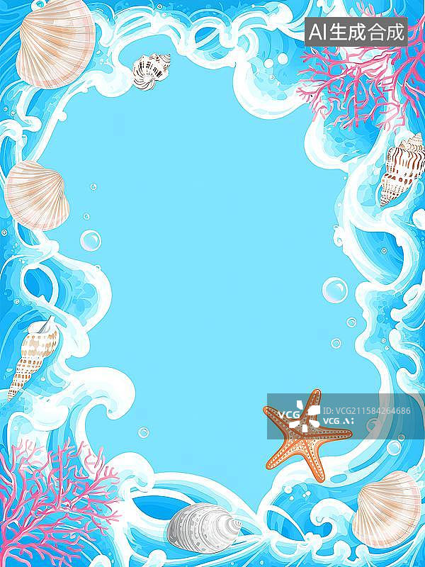 【AI数字艺术】海洋贝壳与浪花边框图片素材