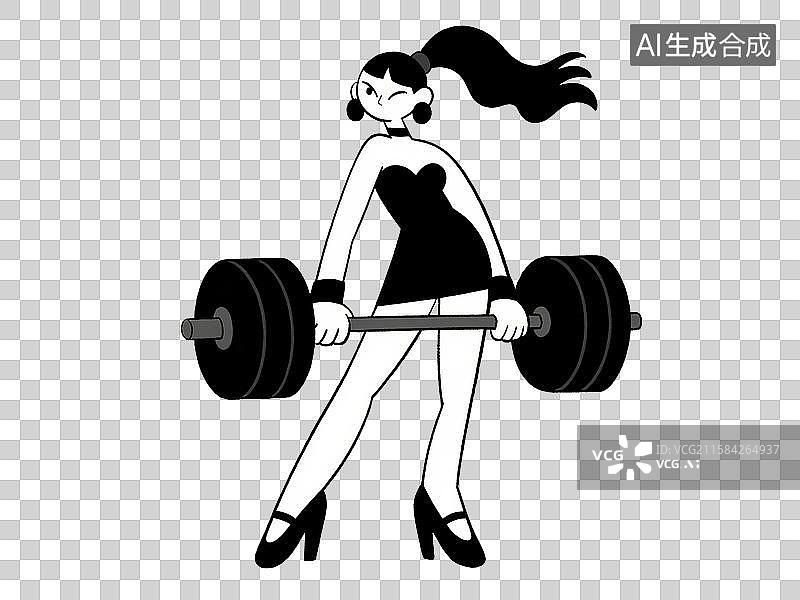 【AI数字艺术】夸张造型的卡通插画浪漫女人举哑铃全身像图片素材