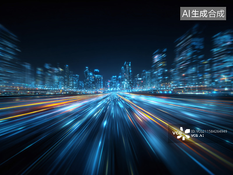 【AI数字艺术】未来科技道路光影场景：蓝橙光线交织出速度轨迹，呈现动感数据城市夜景画面图片素材