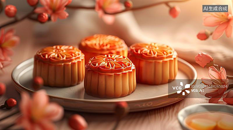 【AI数字艺术】中秋团圆月饼礼盒 花好月圆庆中秋   中秋团圆月饼的温馨 传统中秋节日里的精致糕点图片素材