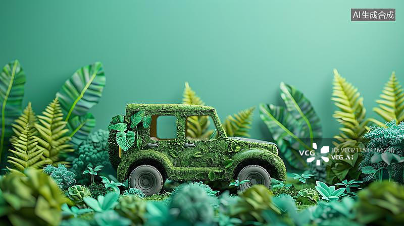 【AI数字艺术】绿色环保汽车的未来 生态友好型汽车概念   新能源汽车绿色叶子插画  由绿色树叶组成的新能源汽车插画图片素材