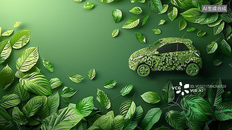 【AI数字艺术】绿色环保汽车的未来 生态友好型汽车概念   新能源汽车绿色叶子插画  由绿色树叶组成的新能源汽车插画图片素材