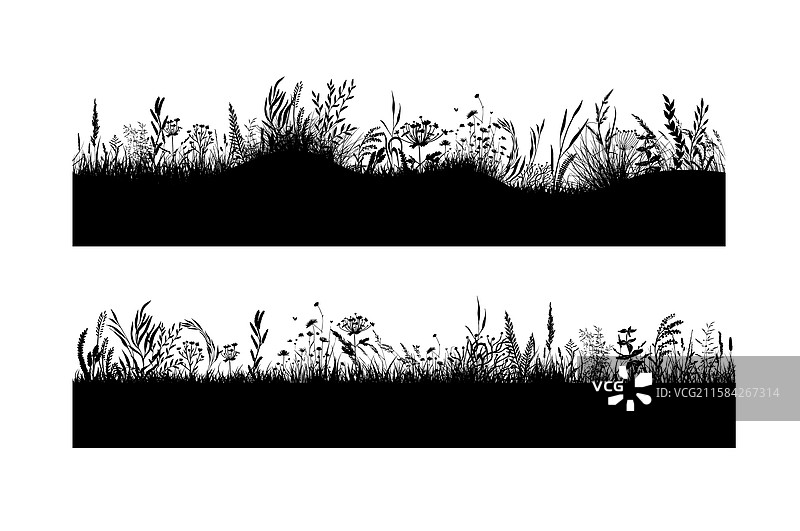 黑色草丛的横向剪影手绘图图片素材