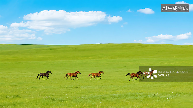 【AI数字艺术】蓝天白云草原马奔跑图片素材