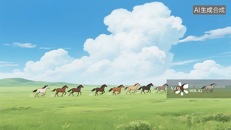 【AI数字艺术】蓝天白云草原马奔跑图片素材