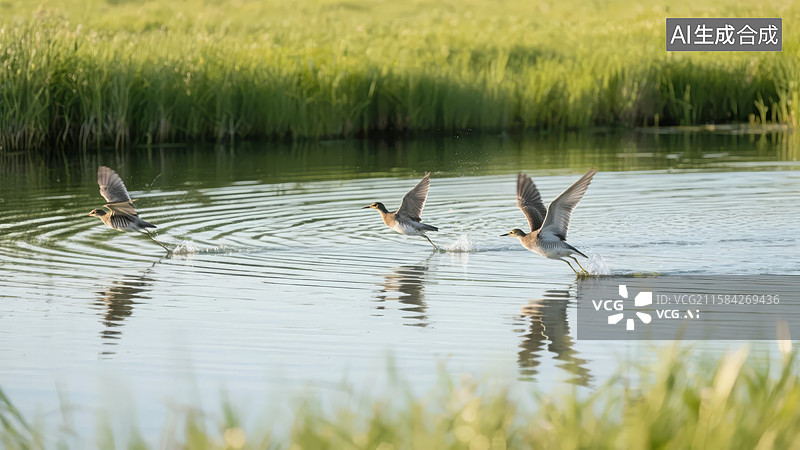 【AI数字艺术】水鸟低飞掠过平静水面图片素材